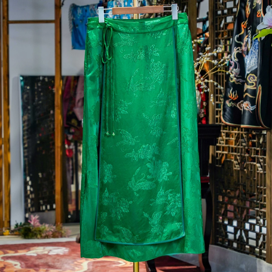 【煜秀堂】原创设计绿色冠乐绉半身简易百搭复古马面裙提花