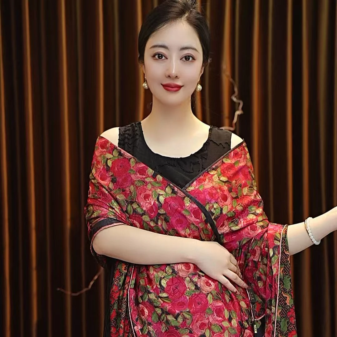 烈焰玫瑰国风香云纱龟裂纹长巾围巾女士丝巾百搭双面戴中国风复古