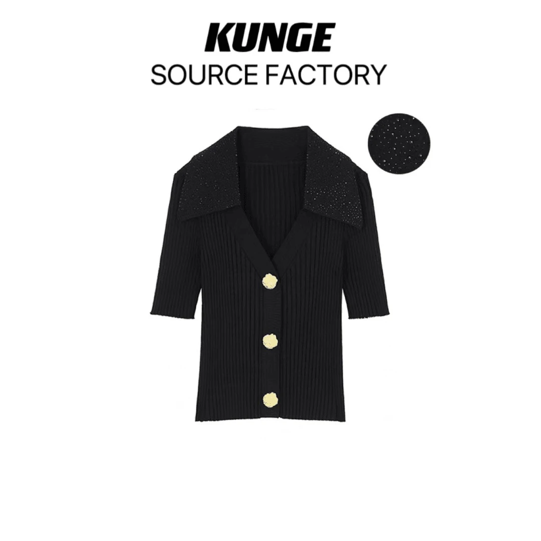 KUNGE--3006重工新款女士烫钻V领时尚气质百搭毛衣短袖针织开衫
