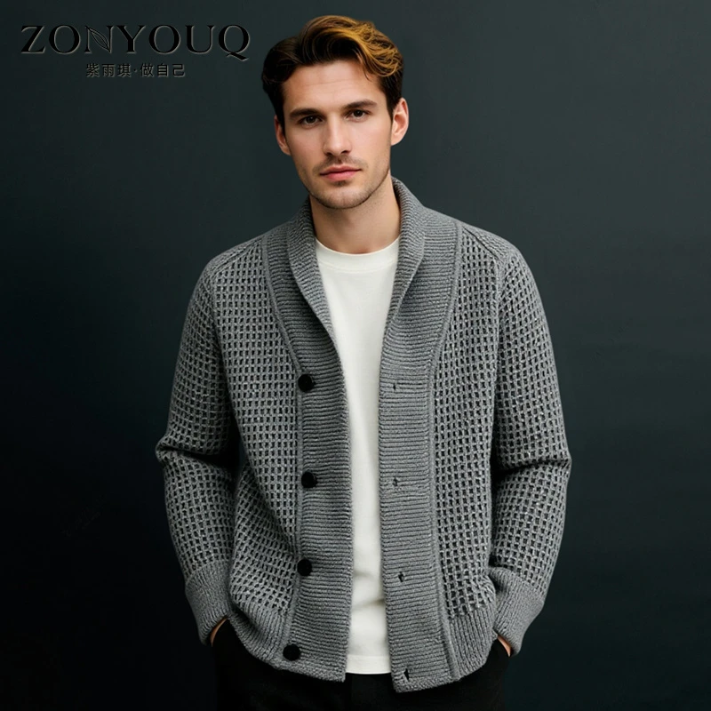 翻领针织衫男秋冬简约保暖复古时尚轻奢宽松开衫百搭打底纯色毛衣