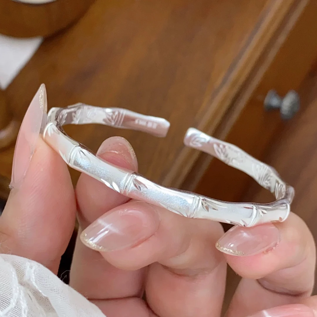 999.9 银【44】竹节手镯 竹报磨砂开口古法镯子