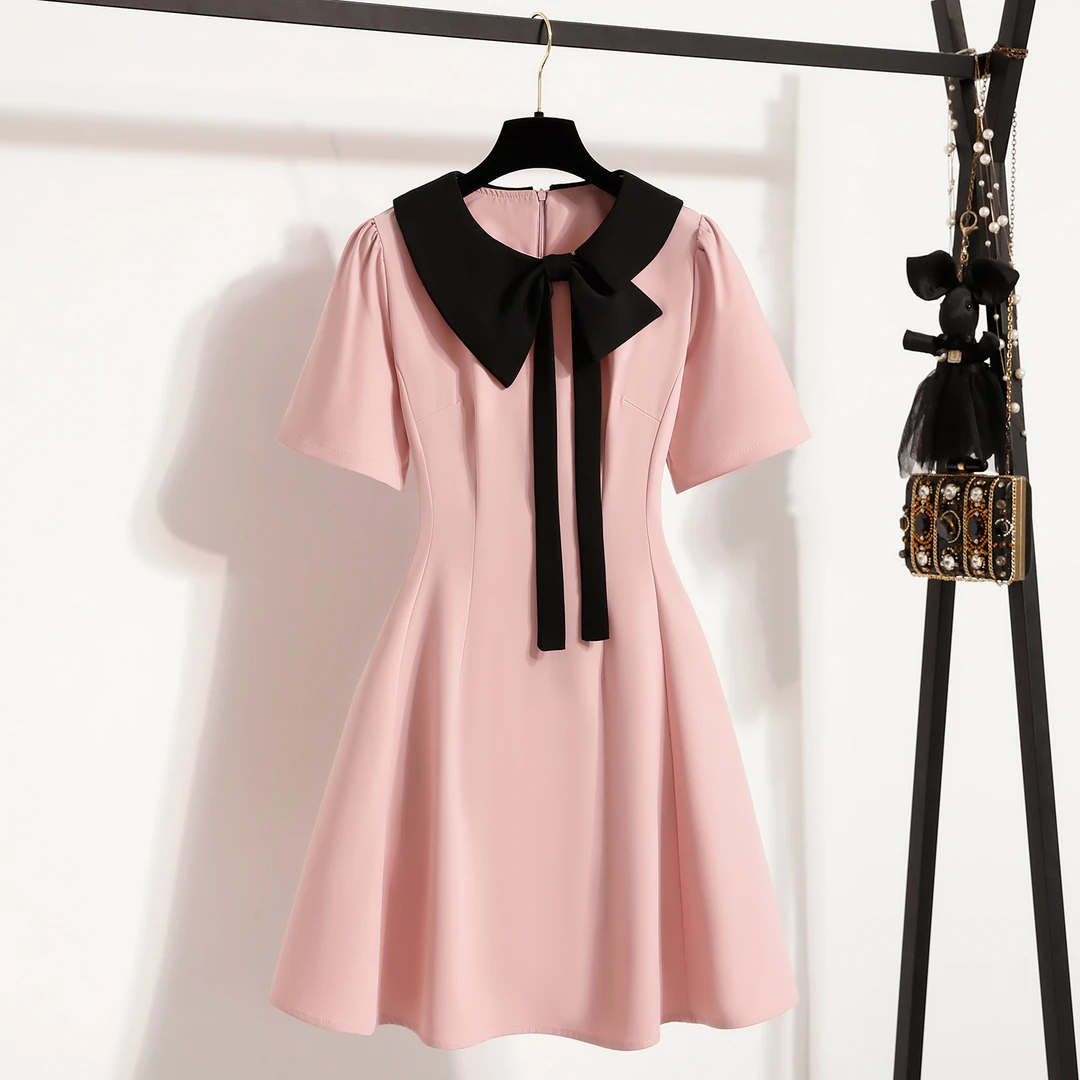 小香风粉色西装裙连衣裙女2025夏大码胖mm掐腰显瘦在逃公主a字裙