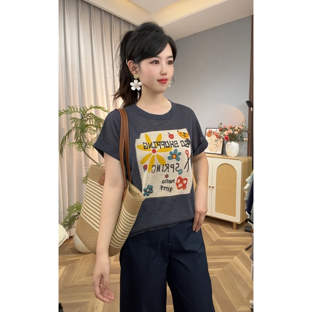 [太阳花]莱赛尔夏季法式短袖圆领毛针织衫时尚印花减龄宽松针织衫