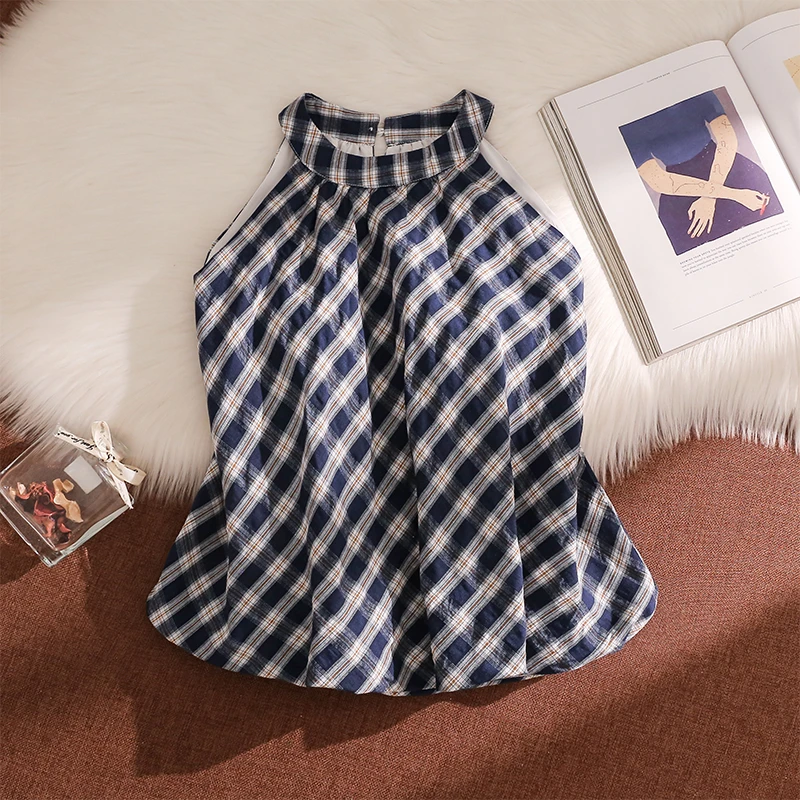 港风复古格纹挂脖吊带背心女夏季新款洋气减龄修身露肩无袖上衣