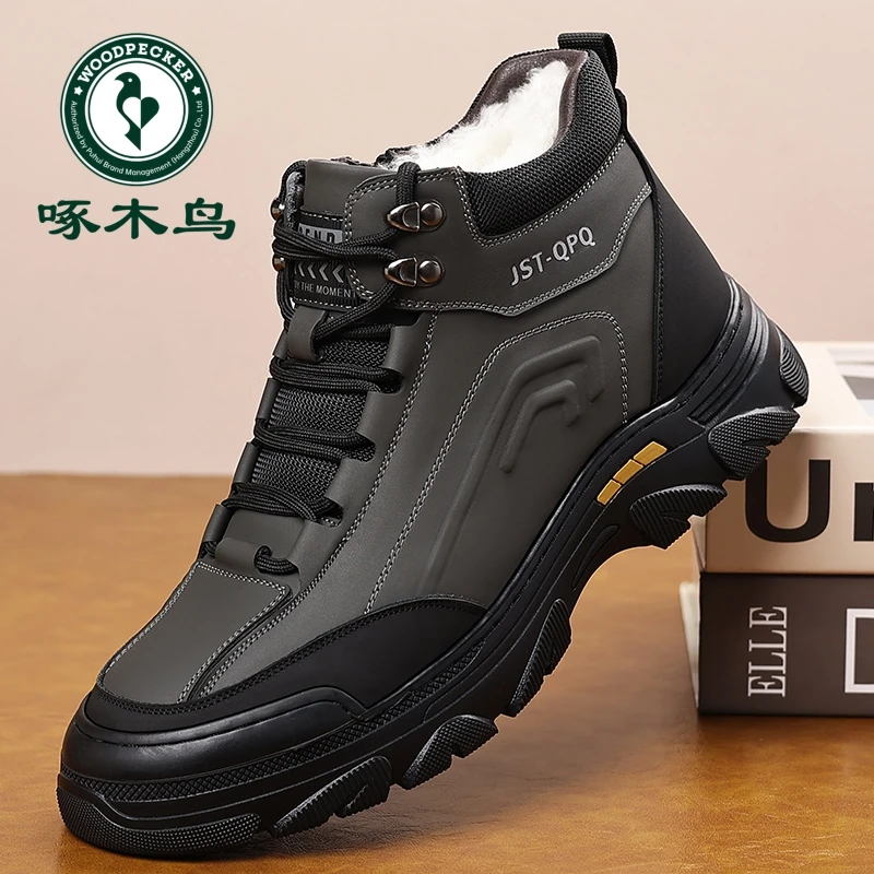 啄木鸟男鞋真皮高帮棉鞋男士加绒保暖登山鞋头层牛皮软底雪地靴子