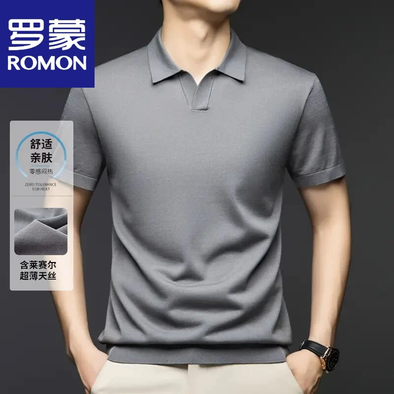 罗蒙凉感含醋酸桑蚕丝短袖POLO衫夏季新款纯色V领针织百搭上
