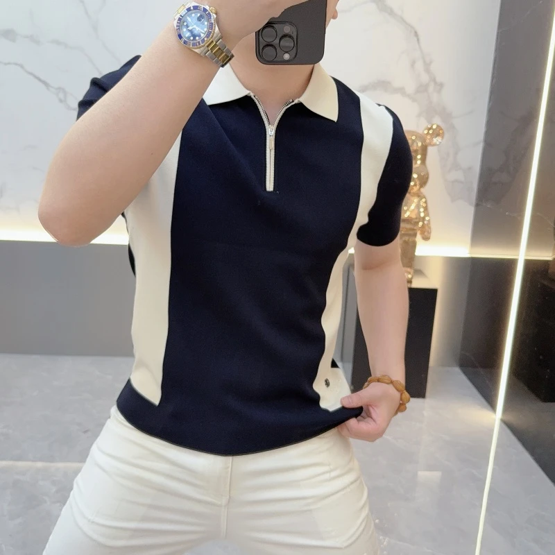 2025秋季新款意式轻奢男士POLO衫商务半拉链简约短袖修身帅气半袖