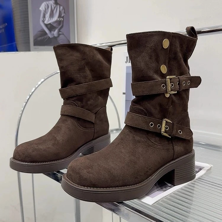 复古时尚两穿搭扣冬新款加绒加厚粗跟百搭圆头短靴2510(加绒)