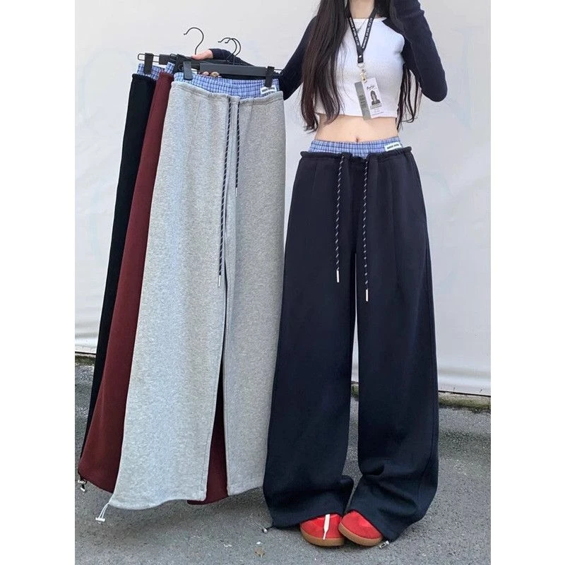 超大码300斤撞色拼接松紧腰阔腿裤初秋男女复古休闲垂感运动长裤