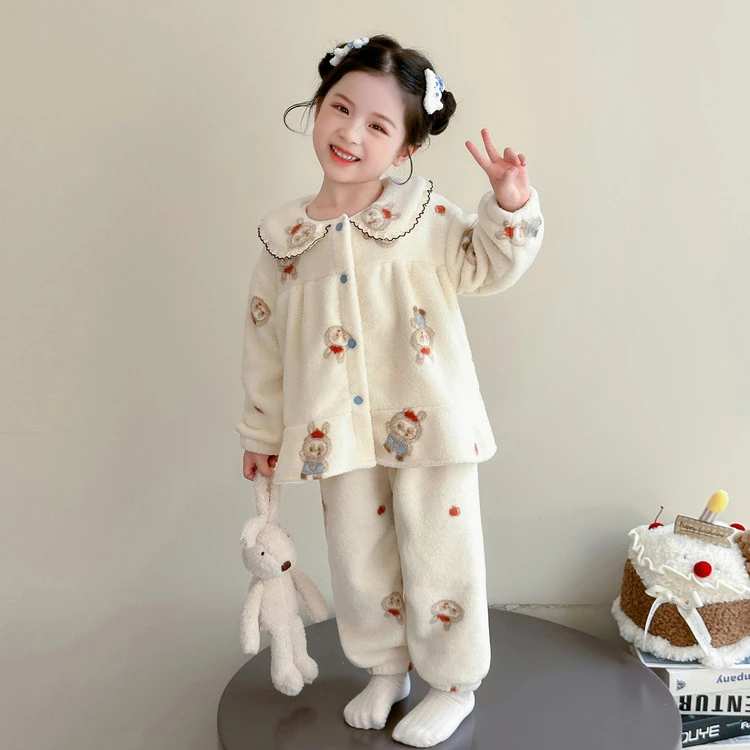 儿童娃娃领睡衣套装秋冬季法兰绒卡通公主风小女孩女童家居服洋气