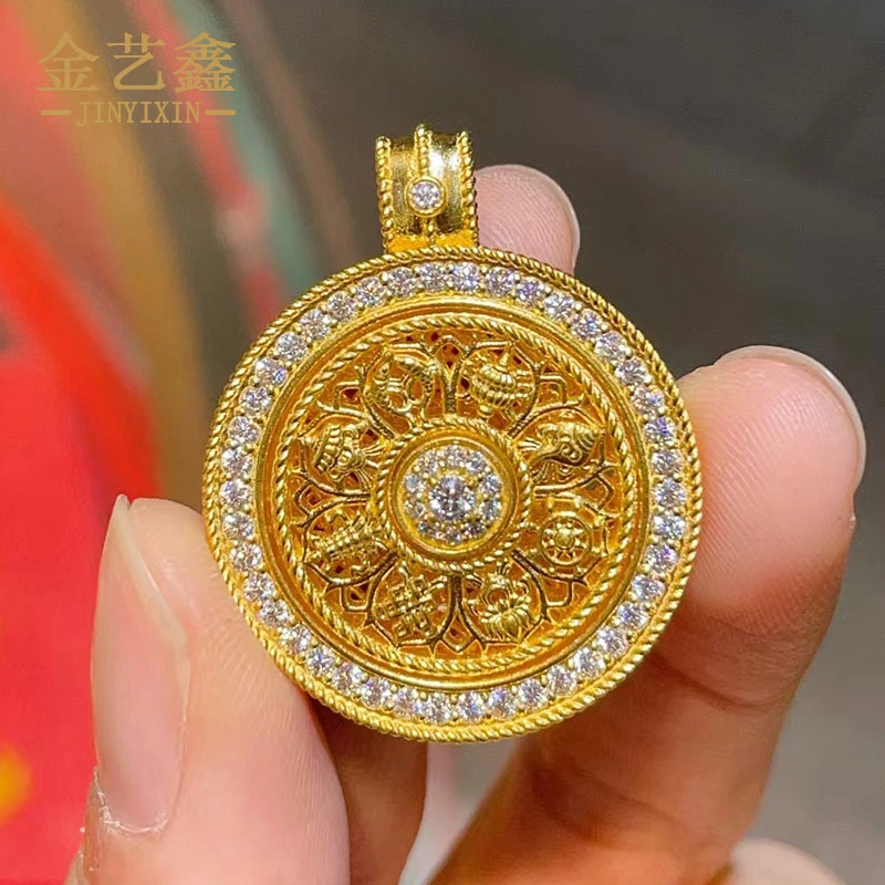 黄金古法足金999如意点赞八宝吊坠项链古法点钻黄金吊坠八宝罗盘