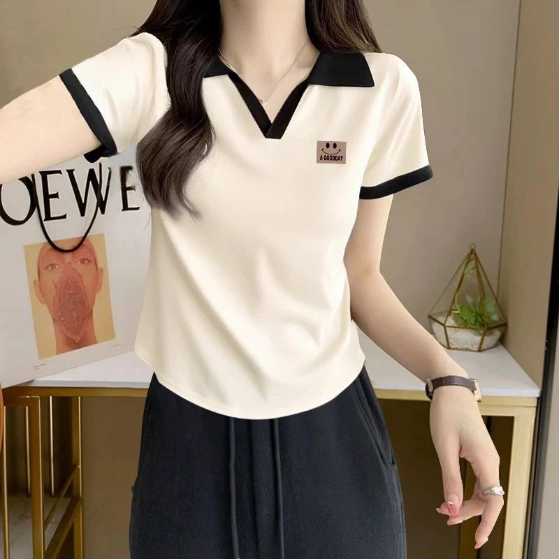 大码女装polo衫正肩短袖t恤夏季微胖mm遮肚显瘦V领纯欲上衣服