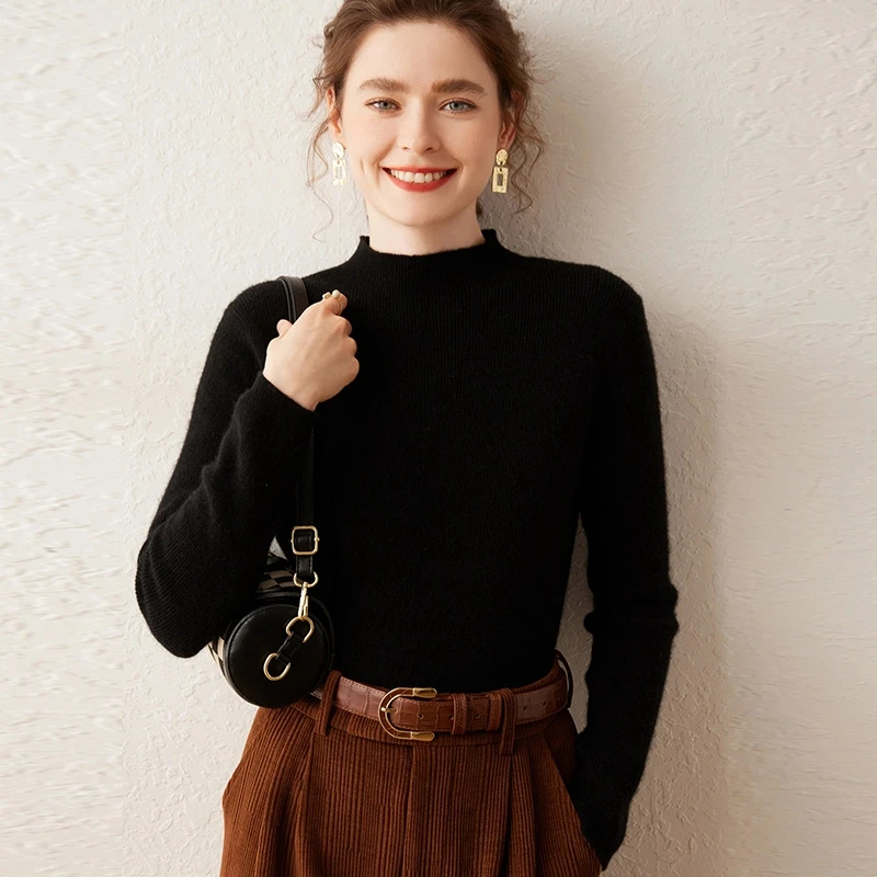 秋冬时尚山羊绒针织衫女士套头半高领纯色毛衣长袖百搭圆领打底衫