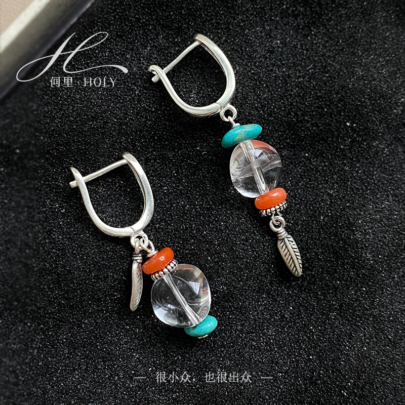 【朝露】原创设计ins风气质波西米亚民族风白水晶不对称925纯银耳坠