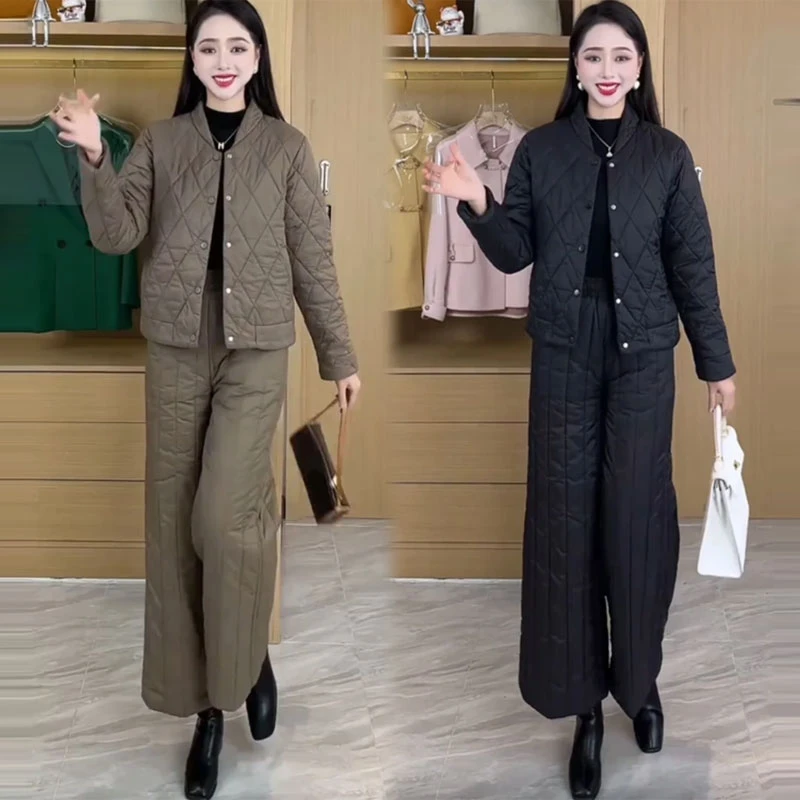 拉夏贝尔保暖时尚套装2025冬新款洋气菱格短外套阔腿裤两件套