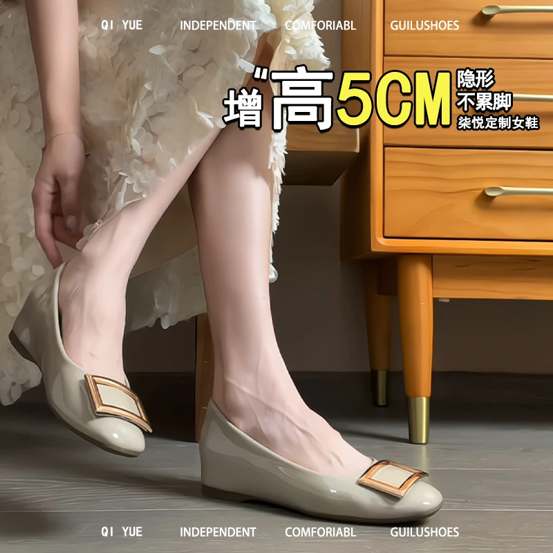 超软小羊皮~5cm内增高方扣单鞋女2025新款漆皮方头浅口平底单鞋33