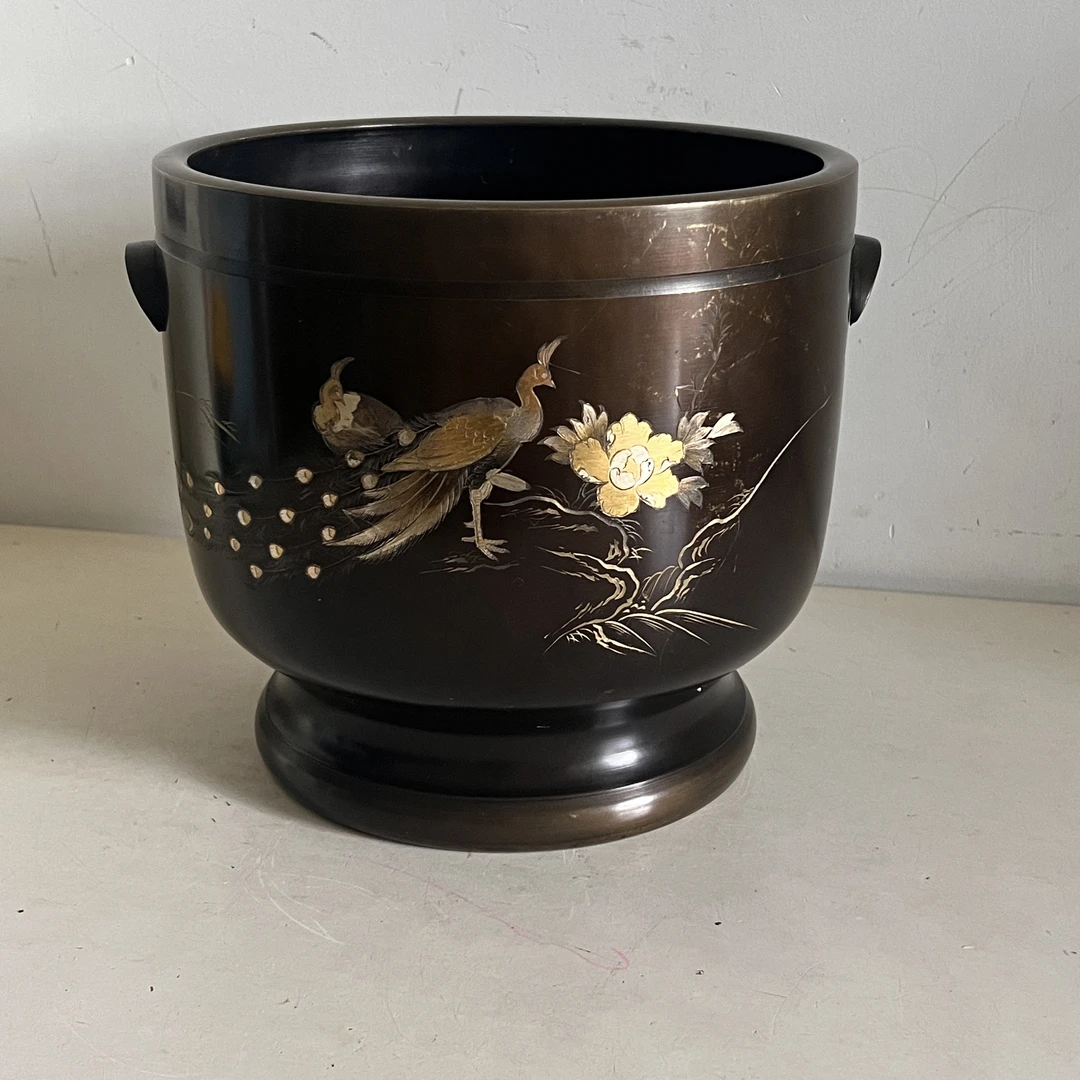日本老铜火钵碳炉、凤凰牡丹题材铜器 围炉煮茶好物件茶渣桶废水桶
