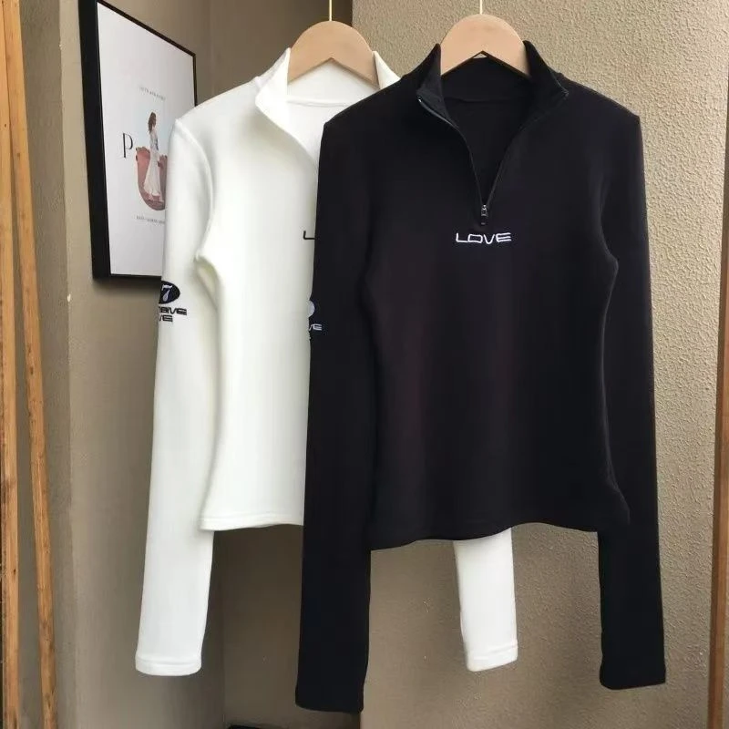 半高领拉链打底衫女秋季新款辣妹美式修身内搭刺绣双面绒长袖体恤