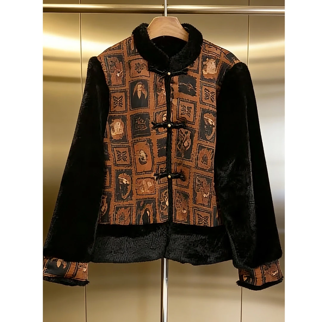 花纹提花长袖加厚外套冬季撞色国风外套