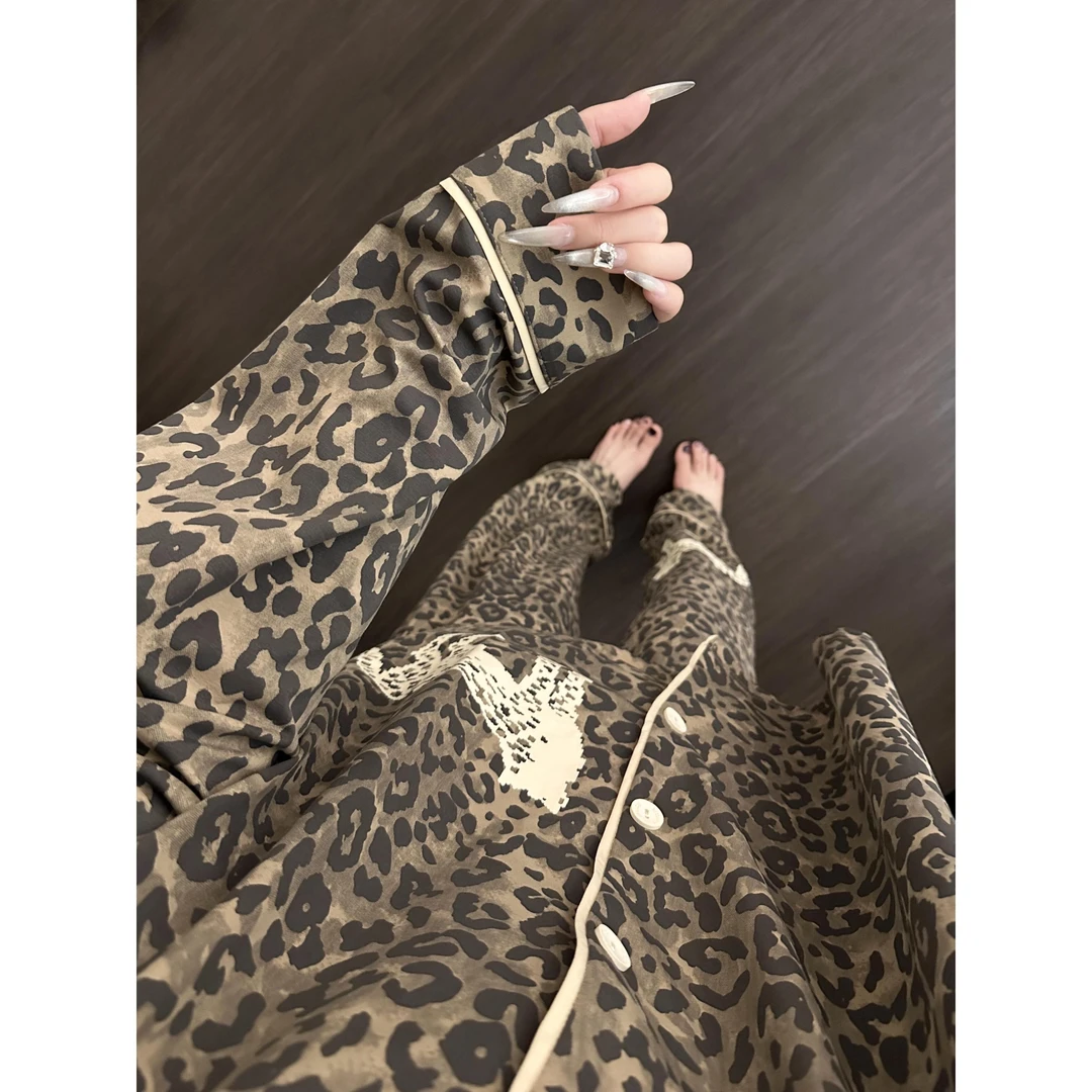 韩系慵懒风豹纹印花睡衣女秋季新款大码长袖长裤家居服套装可外穿