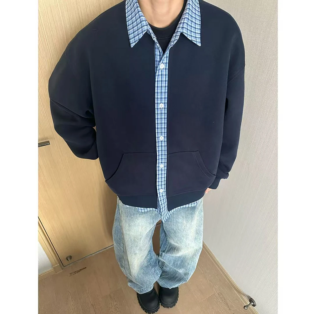 假两件拼接格子翻领卫衣潮流男女韩系开衫外套早秋2025新款上衣服