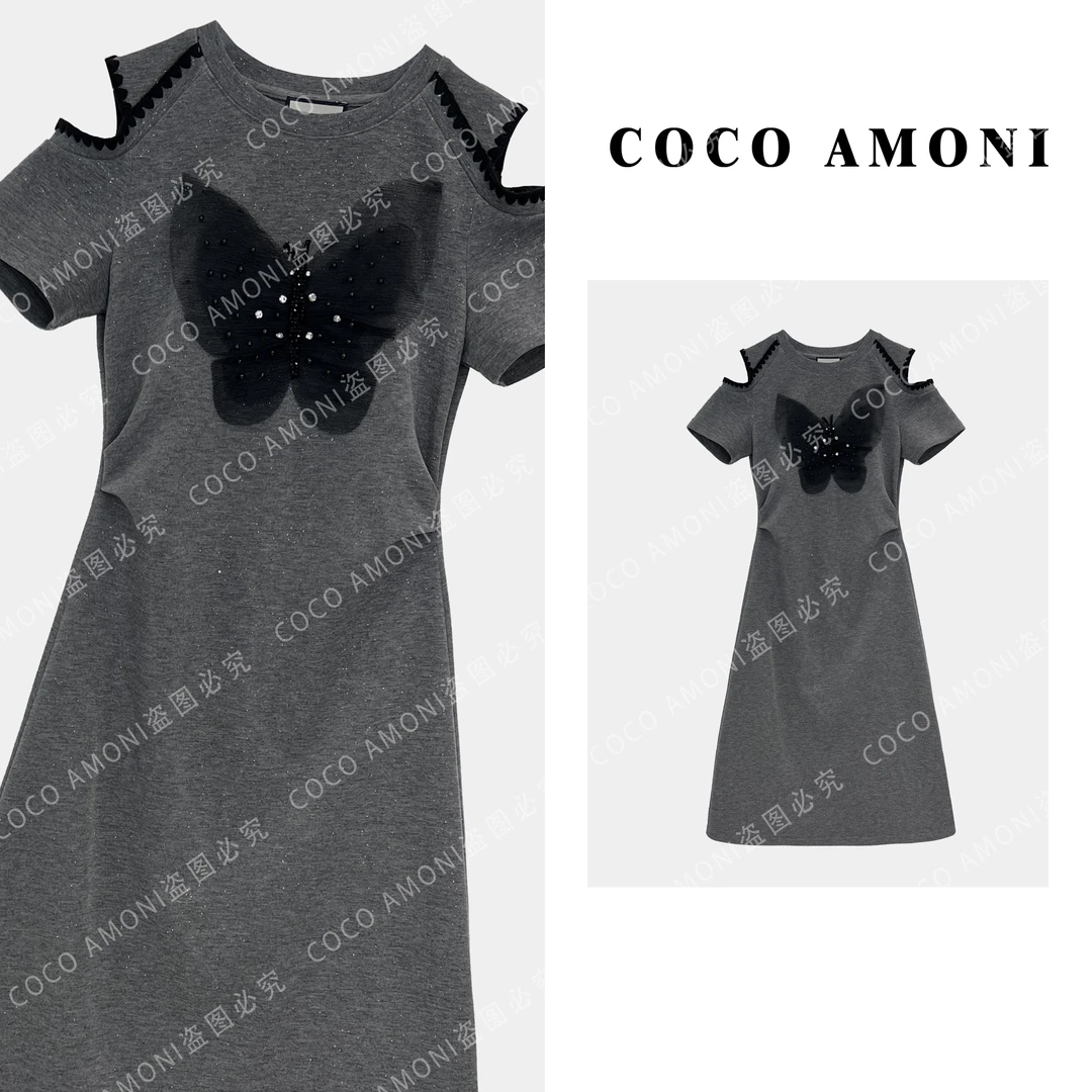 时尚高级感设计师新款拼接烫钻蝴蝶设计显瘦气质连衣裙AC178