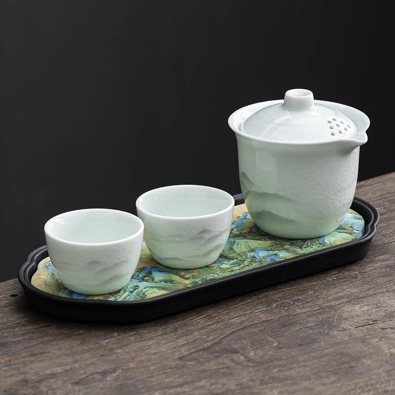 哥窑翠绿冰裂釉手抓壶一壶两杯带茶盘茶具套装家用功夫茶杯便携
