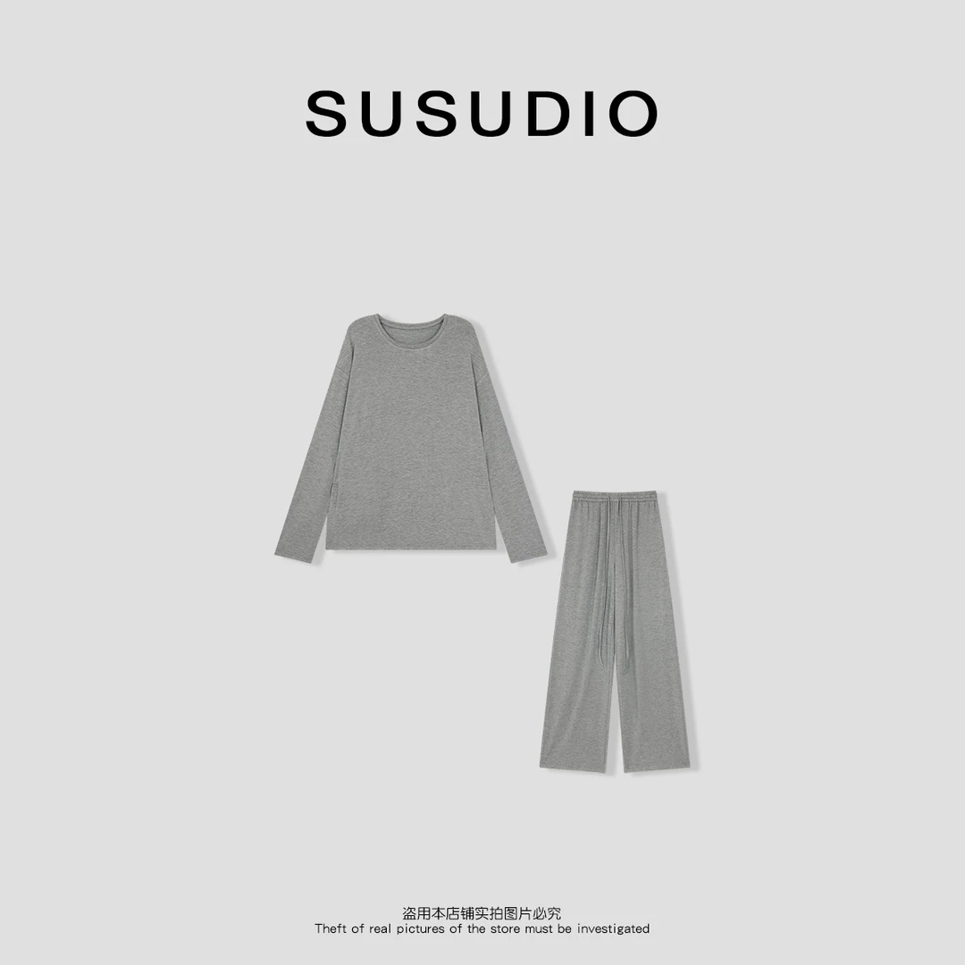 SUSUDIO 春夏垂坠感慵懒长袖T+松紧腰纯色裤子套装30032