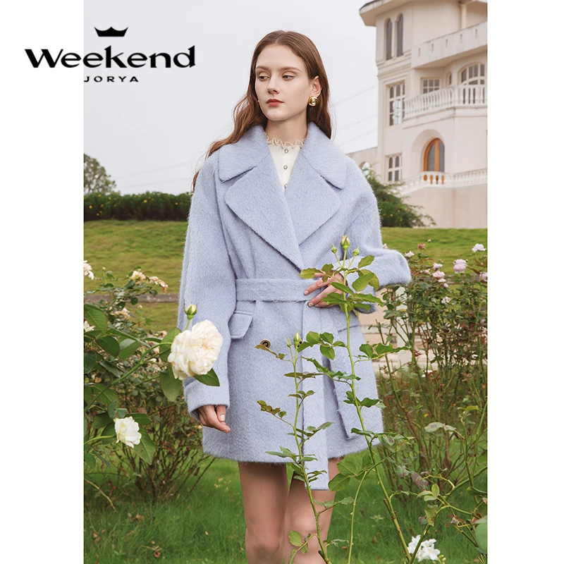 卓雅周末冬季新款甜美大翻领落肩捏褶中长绵羊毛呢外套EJWDDQ06