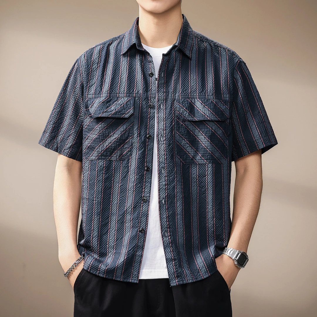 高端日系复古泡泡纱短袖衬衫男夏季轻薄透气条纹沙滩翻领衬衣外套