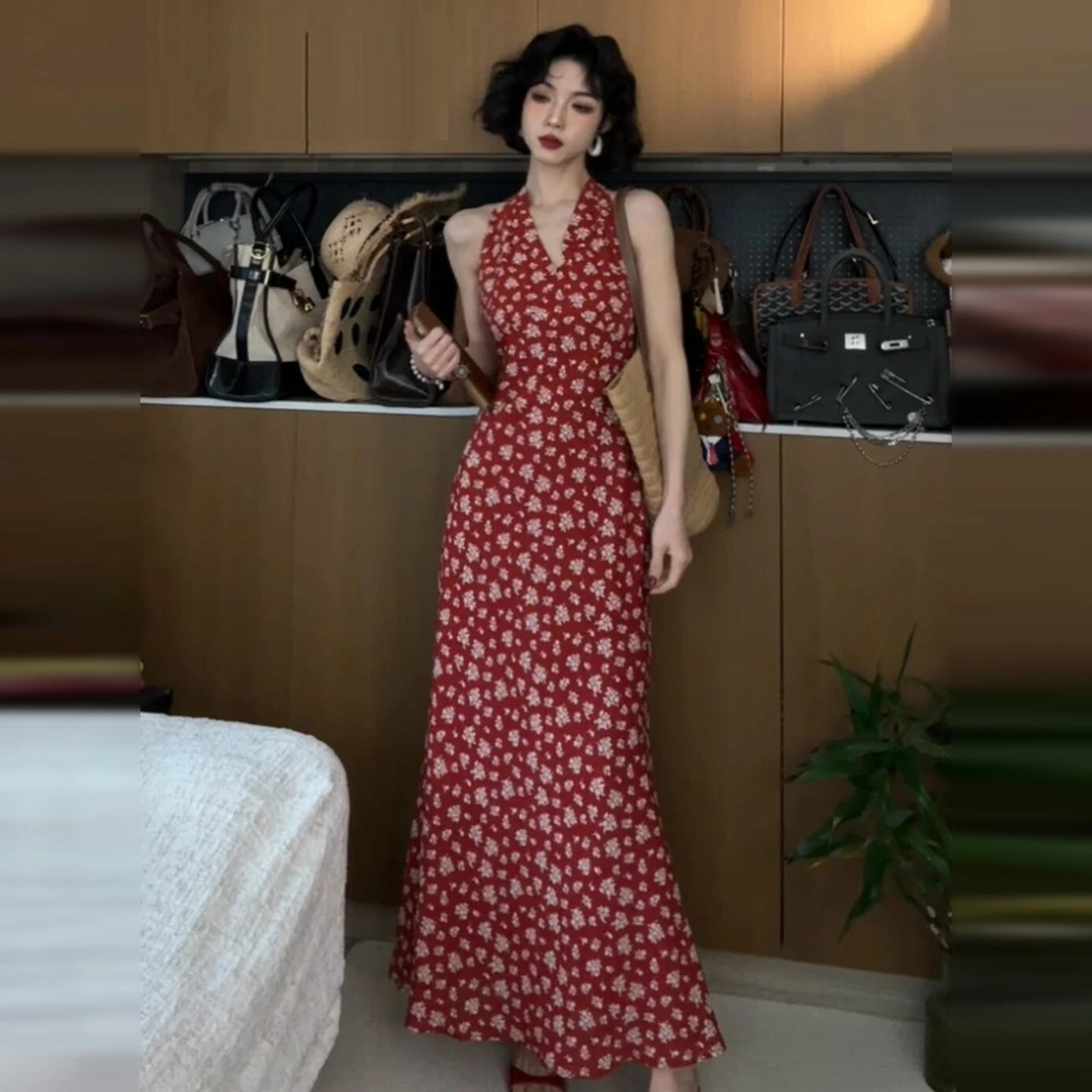 【清仓+运补5米】法式红色复古V领碎花挂脖连衣裙子女夏长裙5124