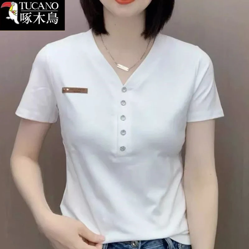 啄木鸟夏季V领短袖印花T恤2025年新款中年女士显瘦减龄打底衫上衣
