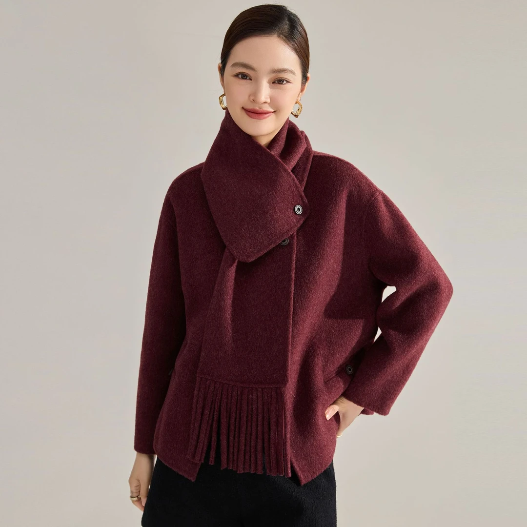 24冬可脱卸流苏围巾双面呢大衣女安可拉红驼绒短款毛呢外套