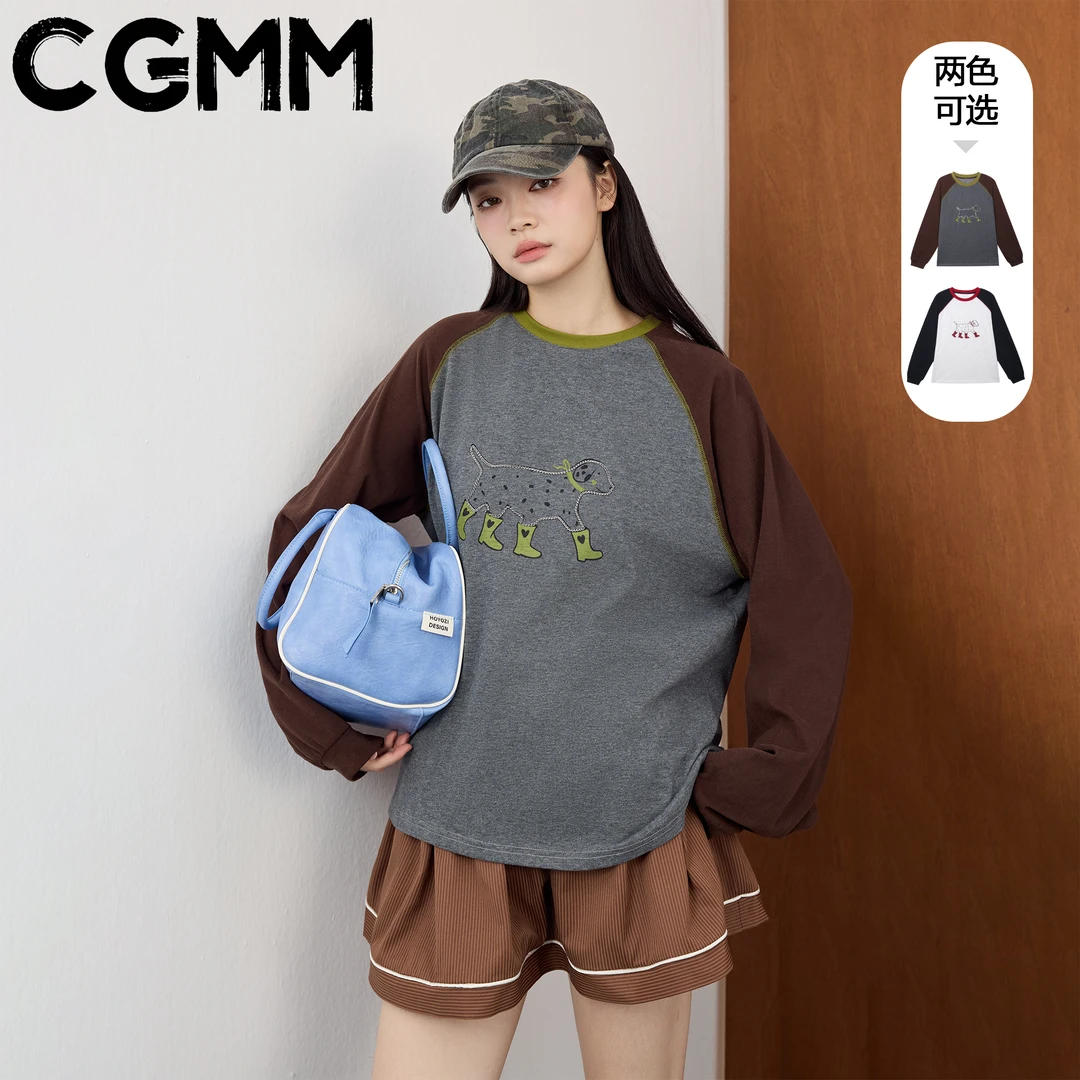 CGMM/橱柜密码秋季新款卡通小狗长袖宽松圆领运动T桖DSOMB5200