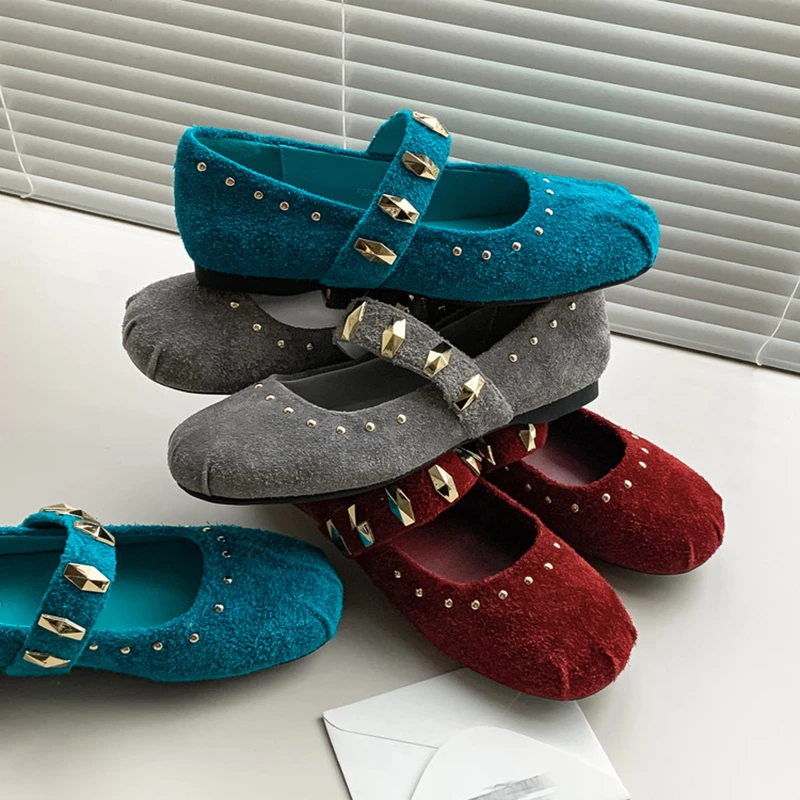 欧若风铆钉玛丽珍鞋女多巴胺蓝色圆头单鞋2025春季新款平底芭蕾鞋