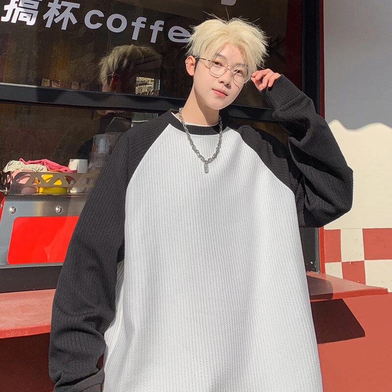 撞色圆领ins长袖T恤男士宽松2025新款衣服潮牌美式休闲设计感上衣