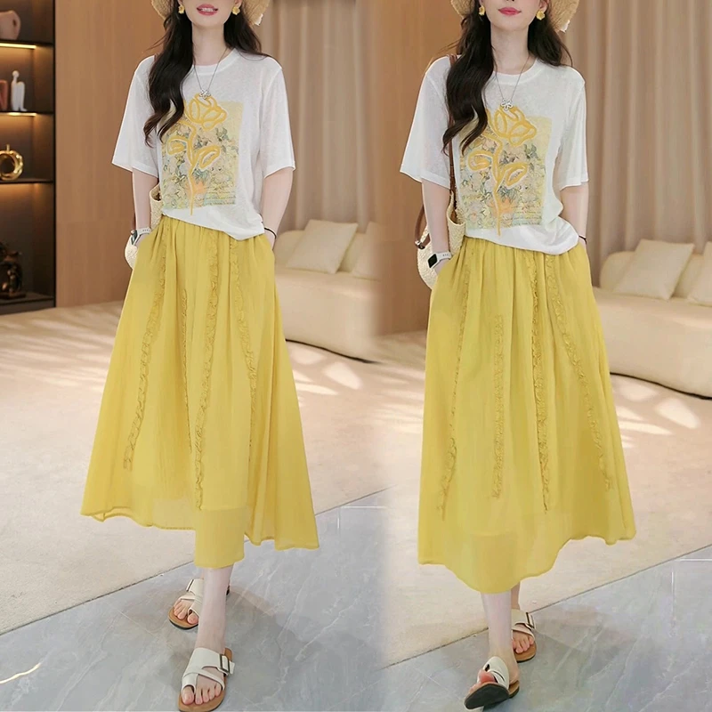 轻熟小众不撞款套装女2025夏新款圆领印花T恤+高腰半身裙两件套装