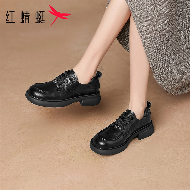 红蜻蜓时尚百搭黑色厚底学院舒适秋季系带圆头厚底平底鞋女单鞋