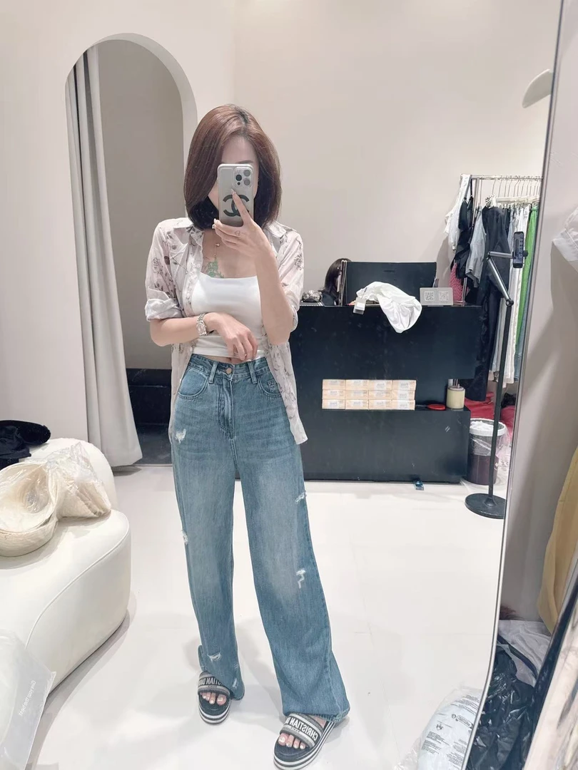 【美丽姐】牛仔裤显瘦高腰直筒时尚百搭破洞韩版水洗