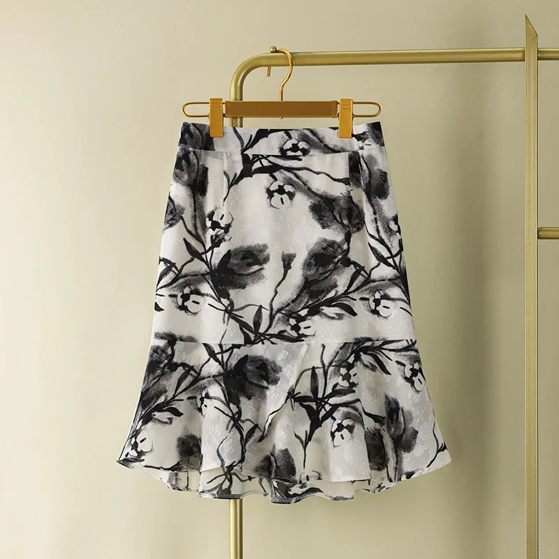 水墨印花鱼尾裙半身裙女夏季2025新款国风韵味荷叶边裙包臀中长裙