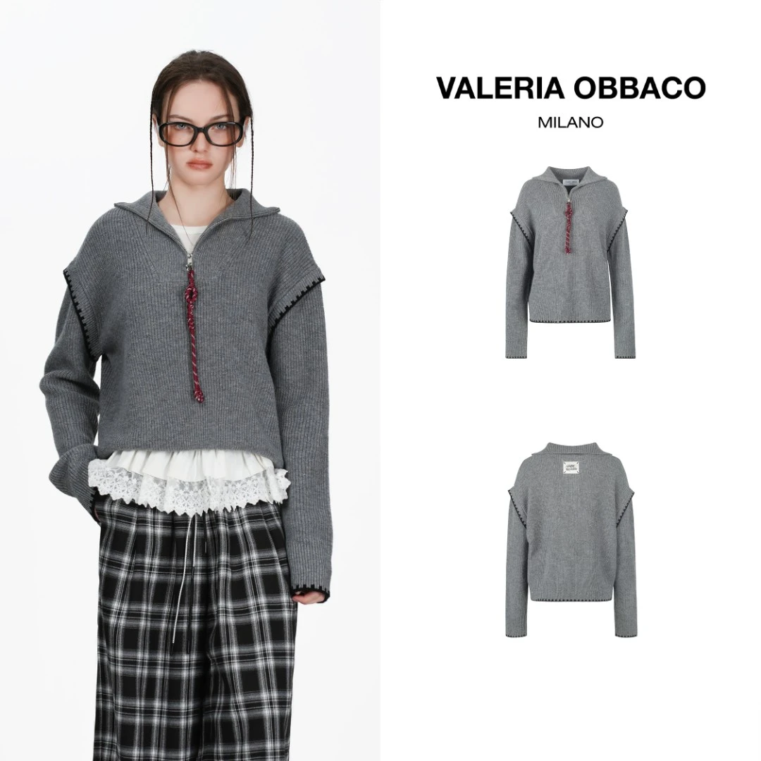 VALERIAOBBACO/瓦莱丽娅 奥贝科VO灰色时尚休闲半拉链毛衣潮流