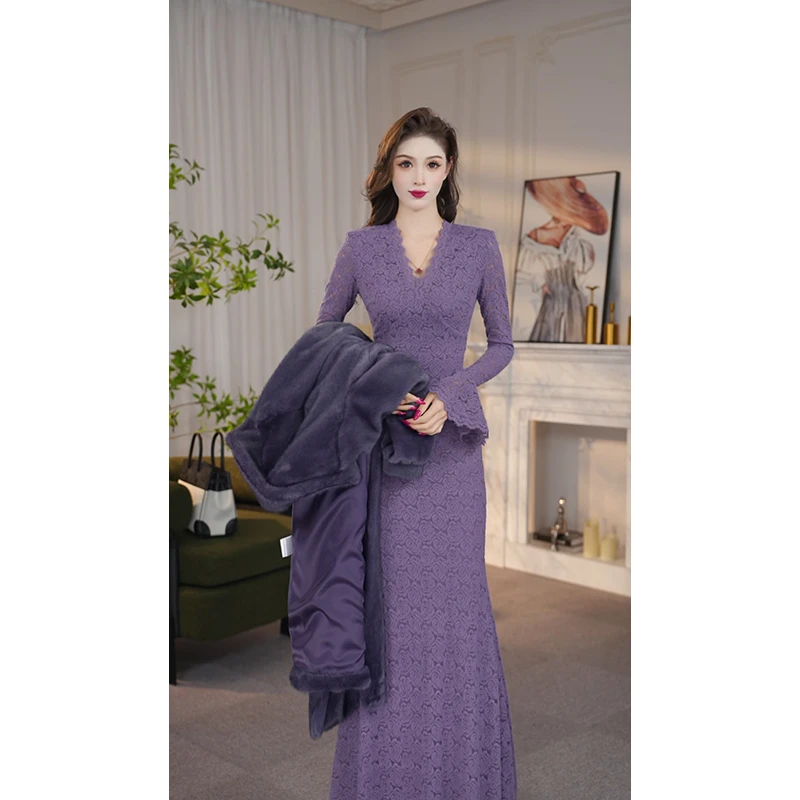 尤克菲儿 轻奢高定法式植绒蕾丝裙气质优雅高级修身显瘦连衣裙