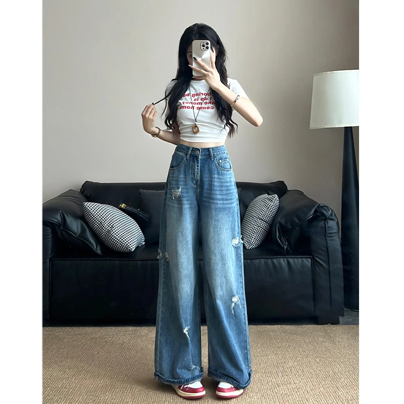 乔栈美式复古蓝破洞卷边设计阔腿牛仔裤女秋冬新款高腰宽松直筒裤