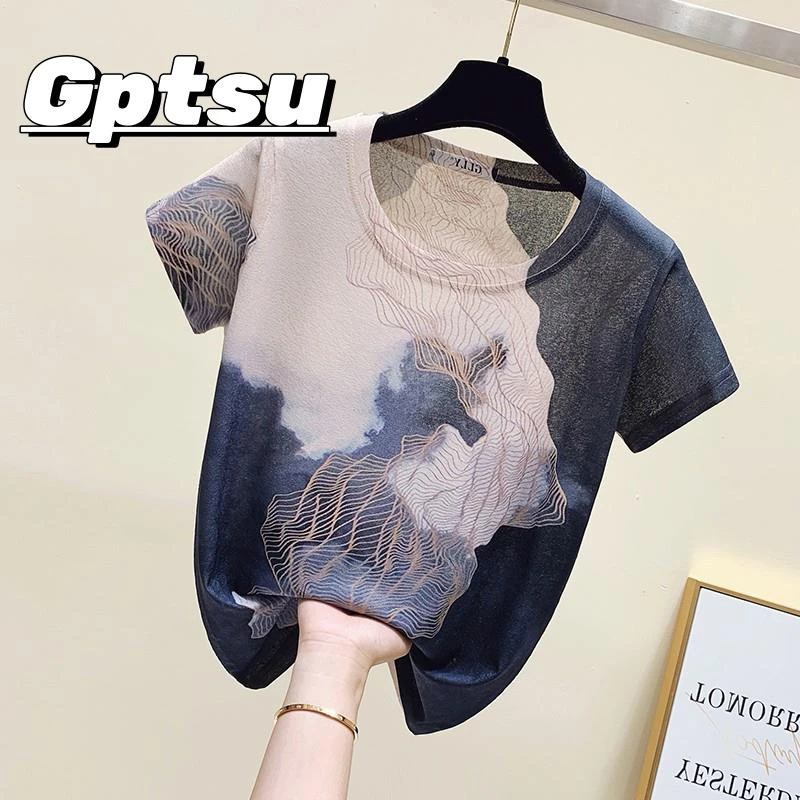 GPTSu2025季新款复古扎染印花短袖恤女士设计感小众洋气宽松上衣
