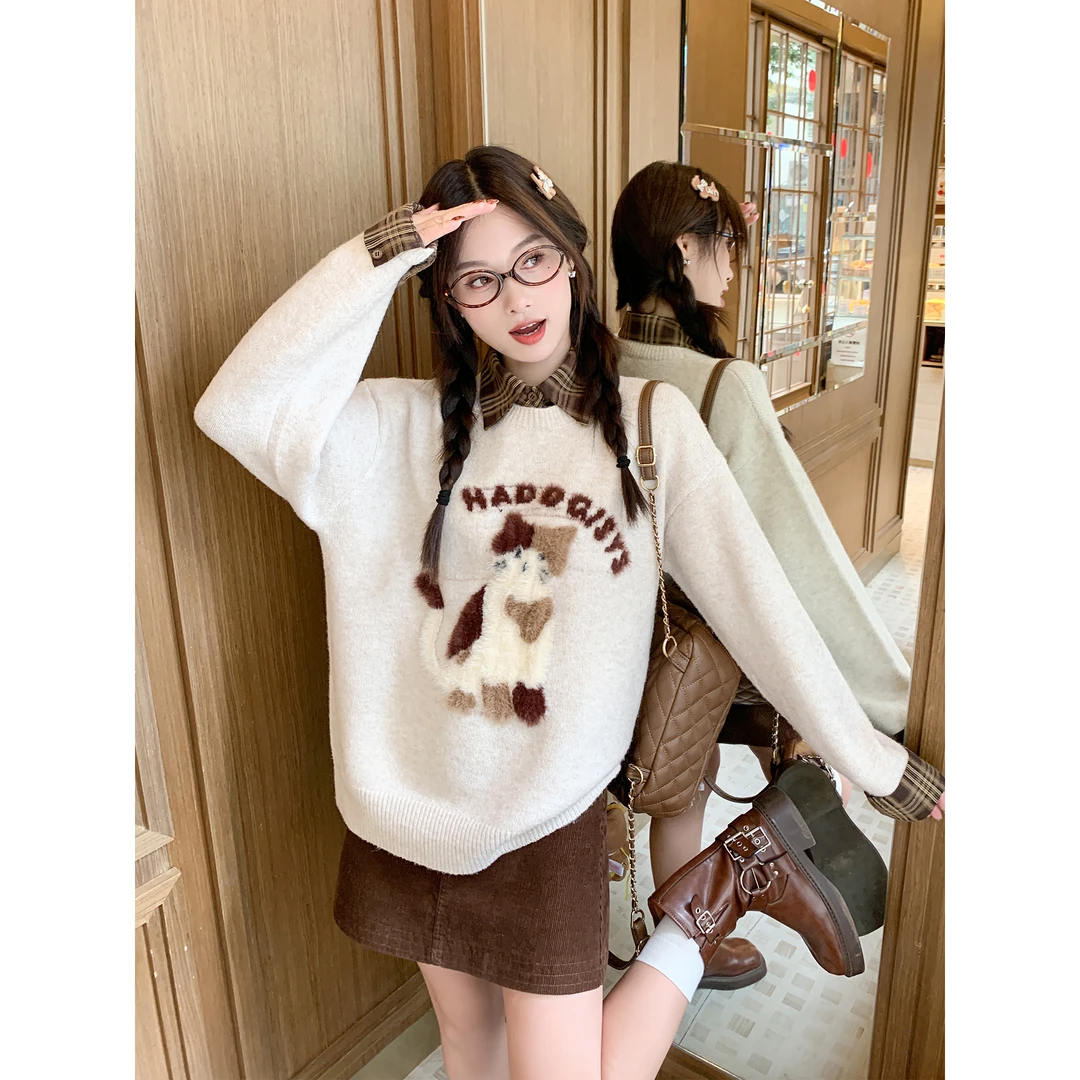 2025秋冬新款韩系植绒翻领假两件宽松毛衣女慵懒毛织针织衫上衣