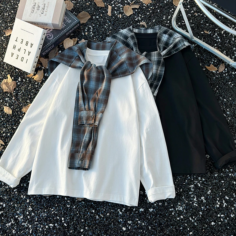 美式高街披肩格子长袖t恤秋季设计感小众卫衣男oversize圆领上衣