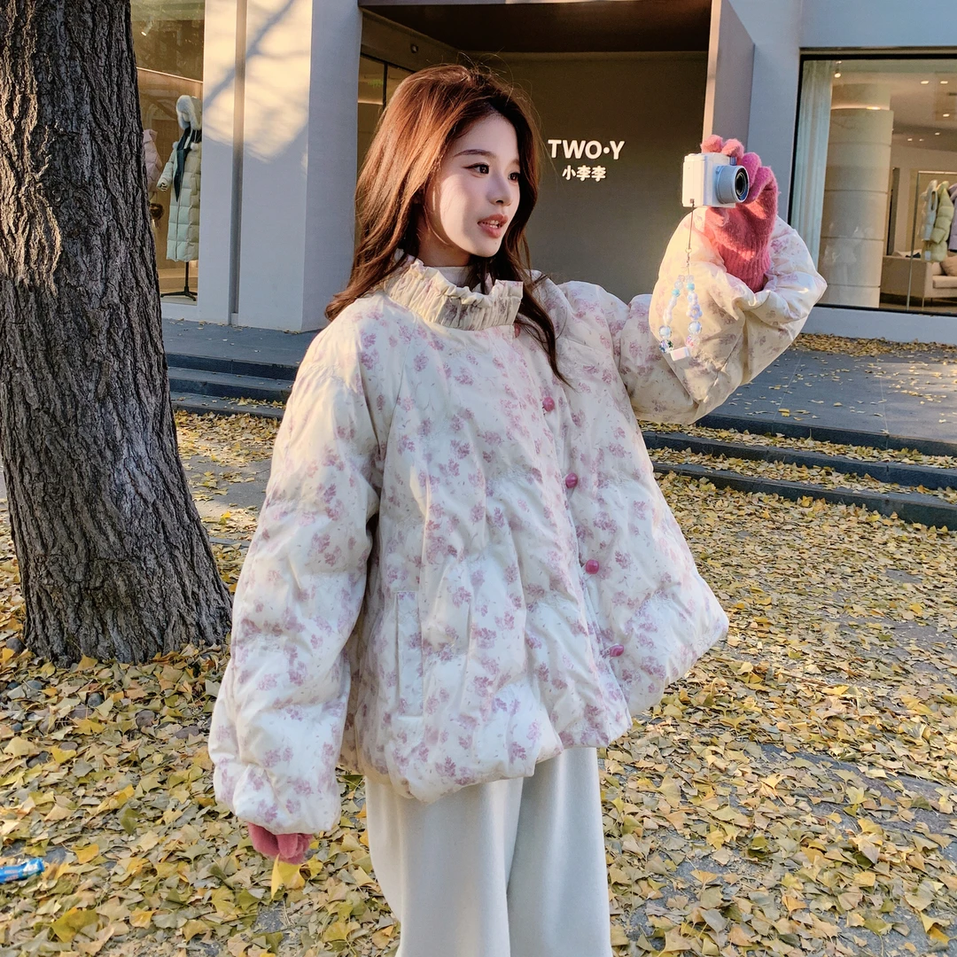 粉色立体印花刺绣花苞羽绒服女2025冬季甜美少女感90白鸭绒短外套