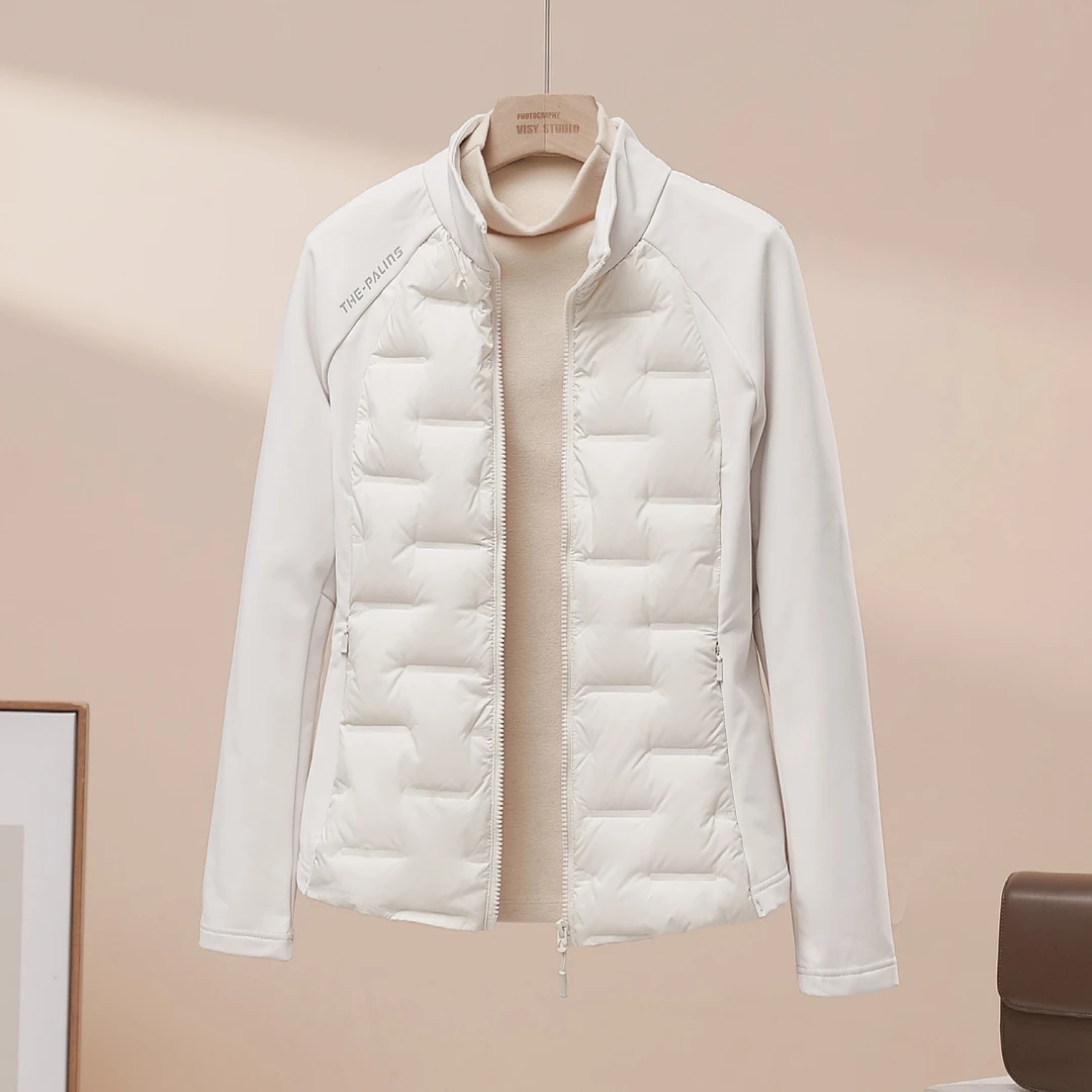 2025年秋冬新款显瘦运动型拼接90白鹅绒修身立领休闲羽绒服女外套