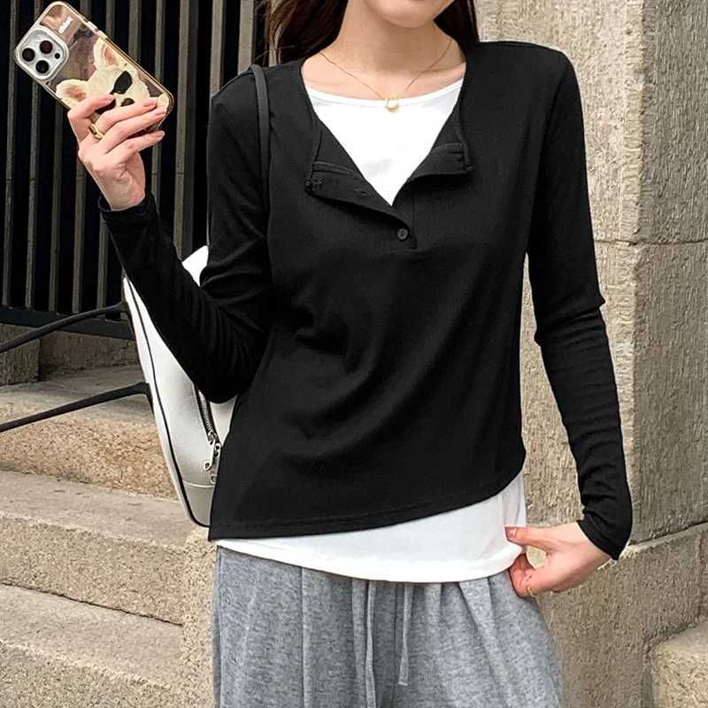 QB新款假两件圆领长袖t恤打底衫秋季外穿内搭显瘦设计感小众上衣