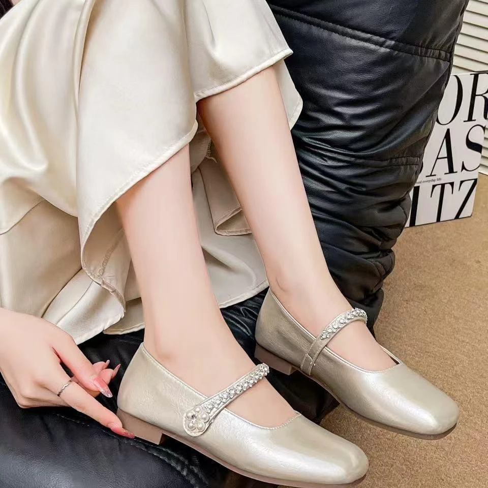 w86273法式软底玛丽珍鞋女夏季新款魔术贴水钻方头气质浅口单鞋